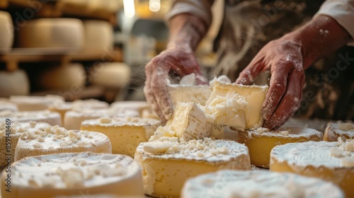 An artisanal cheese maker skillfully molds and shapes cheese