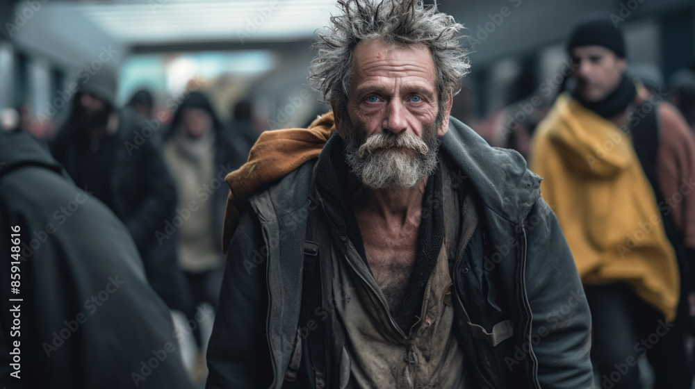 An elderly old homeless guy with messy hair skinny wearing a worn out clothes jacket looking sad An elderly old homeless guy with messy hair skinny wearing a worn out clothes jacket looking sad