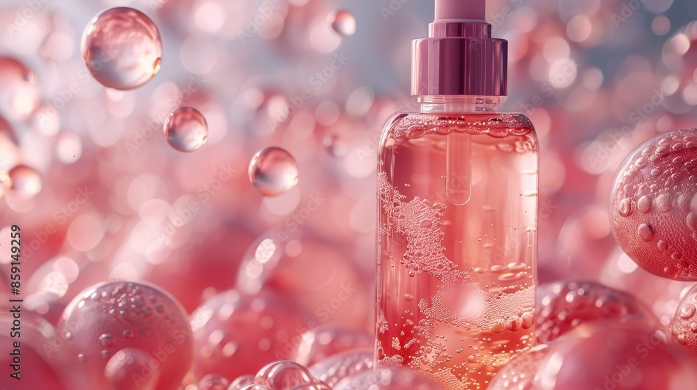 This image features a single pink serum bottle amidst a sea of floating bubbles, creating a serene, tranquil, and dreamlike atmosphere often associated with beauty and luxury. This image features a single pink serum bottle amidst a sea of floating bubbles, creating a serene, tranquil, and dreamlike atmosphere often associated with beauty and luxury.