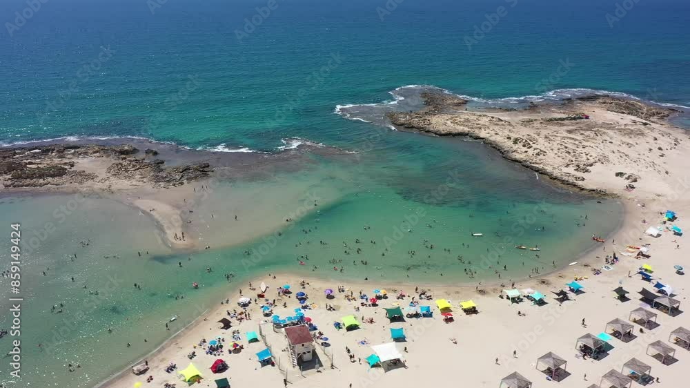 Aerial video over the coastline of Dor Beach Israel on a sunny day Aerial video over the coastline of Dor Beach Israel on a sunny day