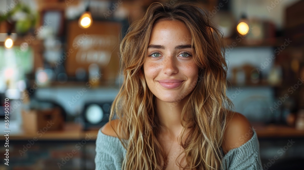 A close-up of a smiling young woman with tousled hair in a cozy, warmly lit cafe, highlighting her radiant expression and the inviting atmosphere of the setting. A close-up of a smiling young woman with tousled hair in a cozy, warmly lit cafe, highlighting her radiant expression and the inviting atmosphere of the setting.