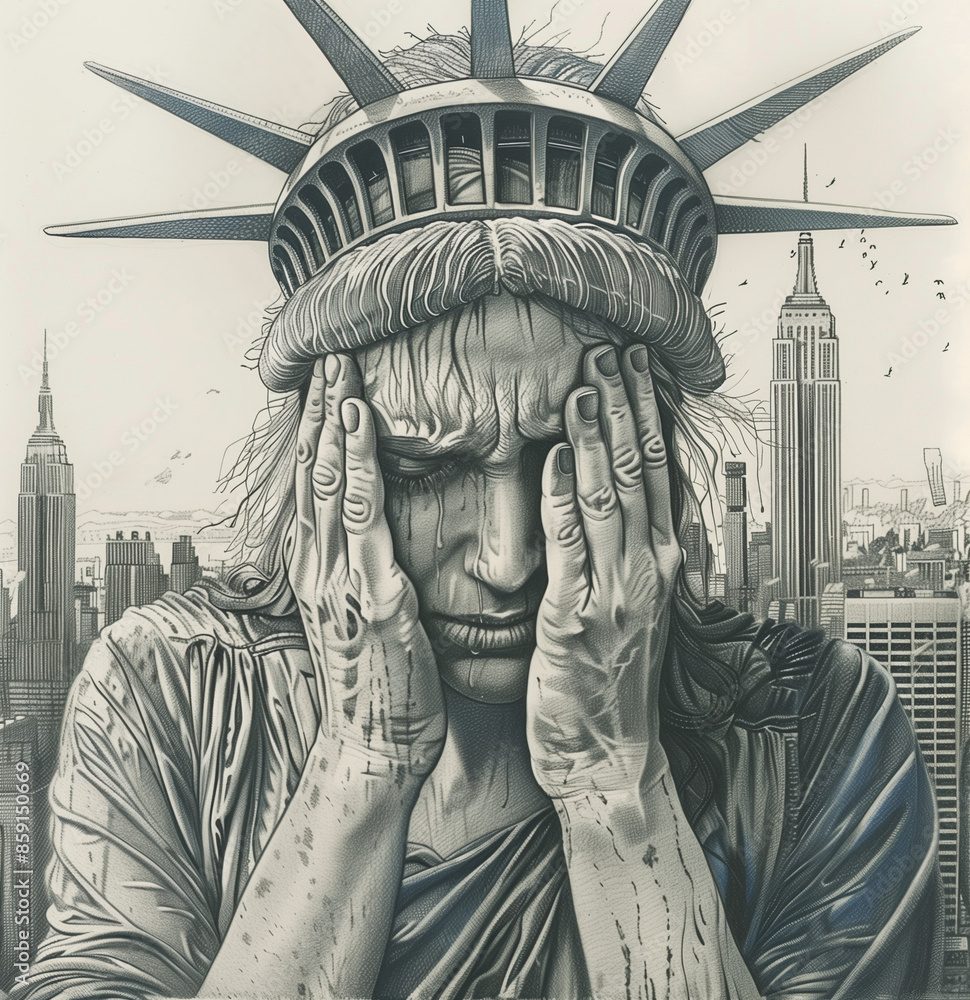 Obraz premium Close up of sad and depressed Statue of Liberty head, illustration effect