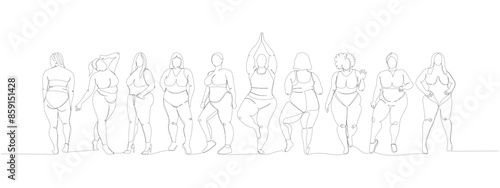 body positive set, obese women, plus size, XL models one line art. Continuous line drawing of body positive, overweight, plus size model, XL, health, fashion, self acceptance.