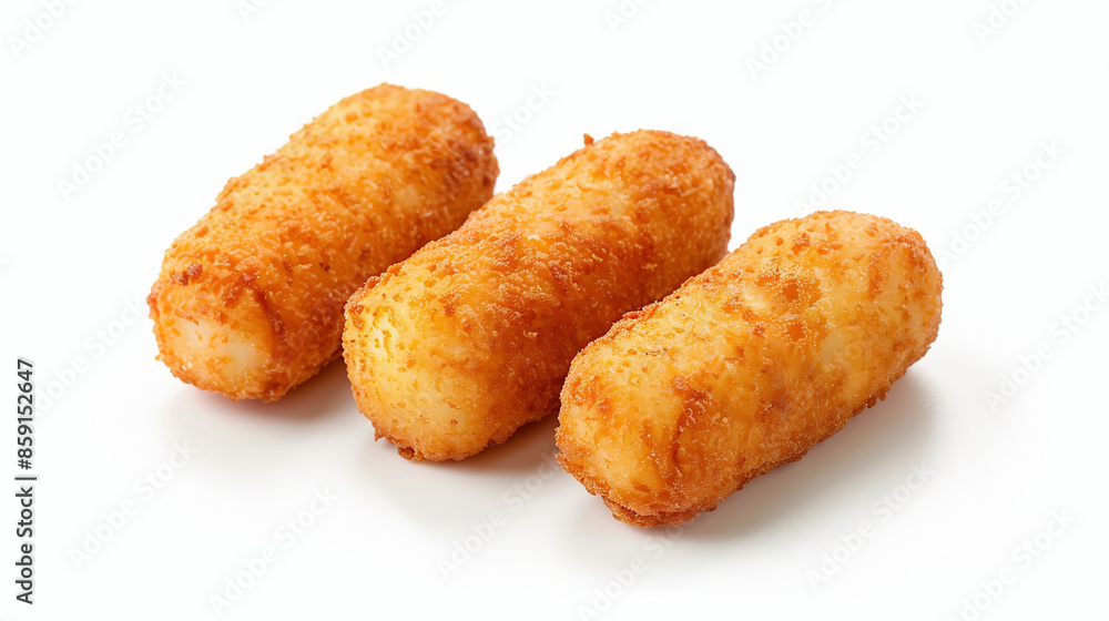 Three Croquettes Isolated On A White Background, Shown From The Front In A High Resolution Photograph Three Croquettes Isolated On A White Background, Shown From The Front In A High Resolution Photograph