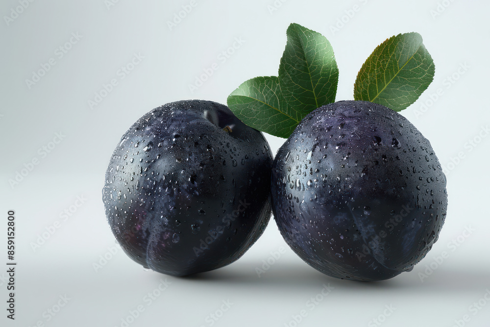 Fresh and Juicy Black Plums with Leaves Isolated on a White Background, Covered in Dew for a Refreshing and Healthy Snack, Perfect for Delicious Fruit Recipes and Healthy Eating