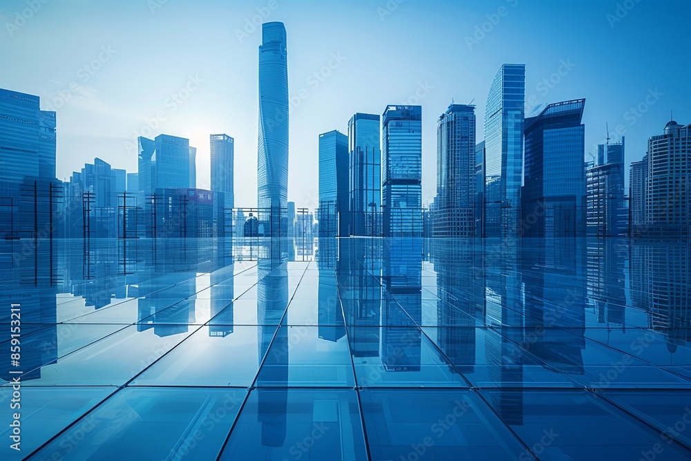 Modern city skyline with skyscrappers and reflection created with Generative AI Modern city skyline with skyscrappers and reflection created with Generative AI