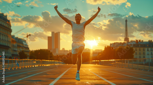 Caucasian athlete celebrating a hard-earned victory at the Olympic Games. Paris street
