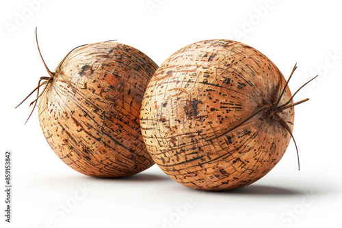 Pair of Brown Coconuts with Textured Shells on a White Background, Fresh Tropical Fruits Perfect for Healthy Recipes, Smoothies, Desserts, and Exotic Cuisine Ingredients photo