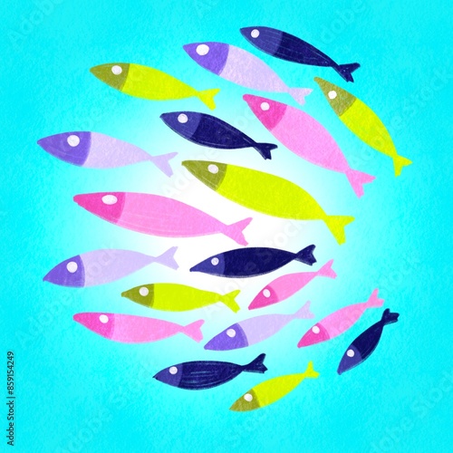 Vibrant school of paper fish in gradient formation