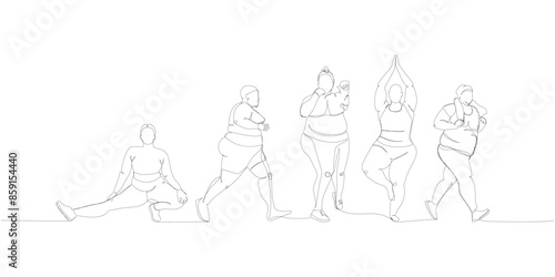 body positive fitness set, sport for curvy ladies one line art. Continuous line drawing of body positive, overweight, plus size model, XL, health, fashion, self acceptance.