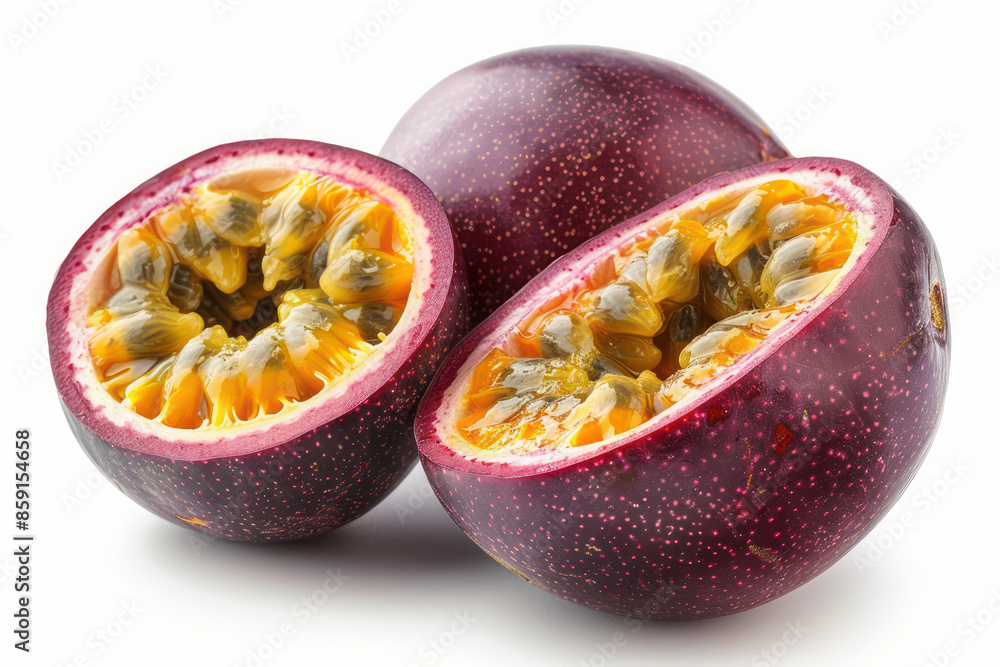 Vivid Close Up of Fresh Passion Fruits Showing Juicy Interior Seeds on a White Background Perfect for Healthy Eating, Organic Produce, Vitamin C, Tropical Fruit Themes, and Culinary Usage Vivid Close Up of Fresh Passion Fruits Showing Juicy Interior Seeds on a White Background Perfect for Healthy Eating, Organic Produce, Vitamin C, Tropical Fruit Themes, and Culinary Usage
