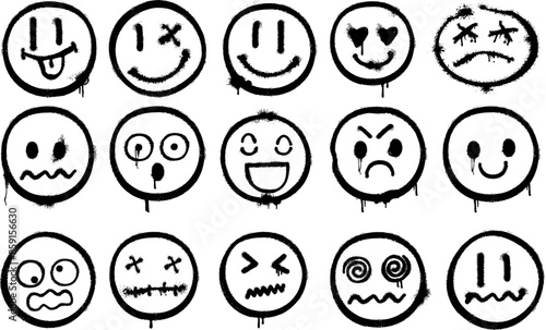 Set of Grunge Spray Painted Emoticons, Urban Street Art Style, Spray smile faces