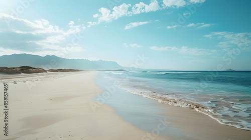 beach and sea landscape in summer with mountain in the back