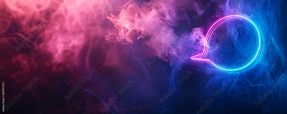 Obraz premium A vibrant neon speech bubble glows brightly amidst a smoky, abstract background. 