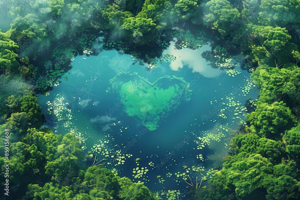 enchanting heartshaped lake nestled in lush forest aerial view of natural wonder digital painting enchanting heartshaped lake nestled in lush forest aerial view of natural wonder digital painting