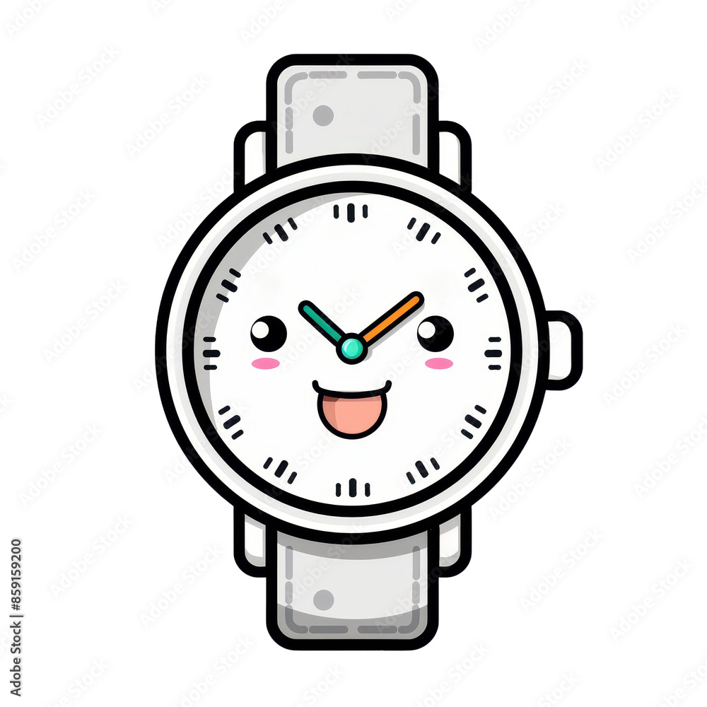 A cheerful cartoon wristwatch with a smiling face. The watch has a white face, white hands and a white strap. white background, transparent background, PNG A cheerful cartoon wristwatch with a smiling face. The watch has a white face, white hands and a white strap. white background, transparent background, PNG