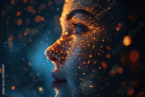 enigmatic portrait formed by glowing particles geometric womans face silhouette futuristic concept photo