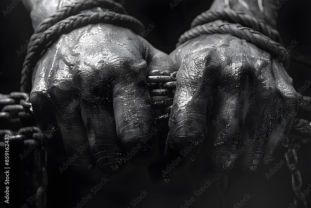 Symbol of Struggle and Captivity: Detailed Close-up of Bound Hands with Chains Symbol of Struggle and Captivity: Detailed Close-up of Bound Hands with Chains