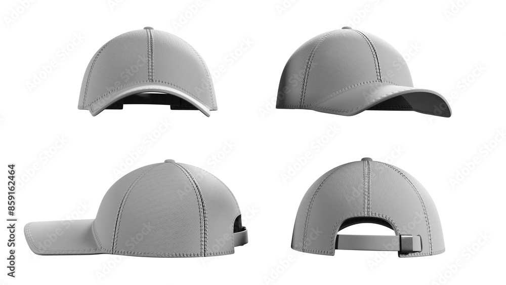 Grey baseball caps mockup on a transparent background, clipping path, front and back side, 3D render Grey baseball caps mockup on a transparent background, clipping path, front and back side, 3D render