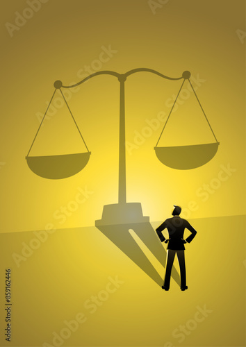 A man casting a shadow of a justice scale on a wall