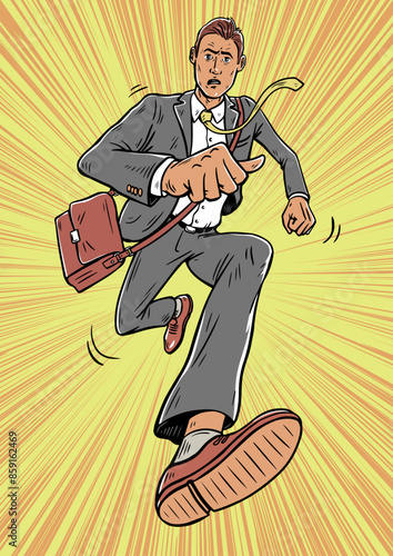 Young businessman in a hurry. Runs at high speed. Stress and being late for work. Humorous picture. Cartoon vector isolated illustration. Pop art drawn outline style