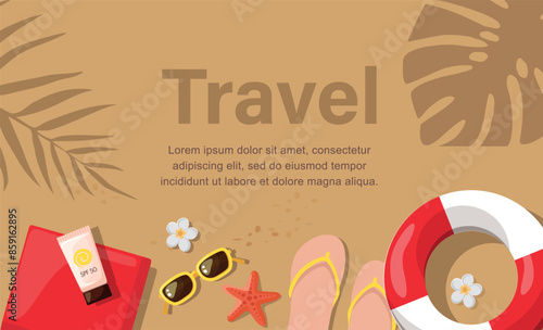 Travel illustration. Beach accessories. Sunglasses, towel, sun block, flip-flops on sandy beach