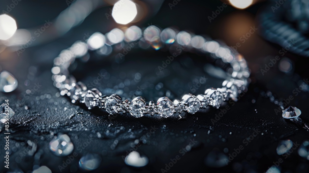 White gemstone and diamond jewelry bracelet on black background with wide mockup postcard White gemstone and diamond jewelry bracelet on black background with wide mockup postcard
