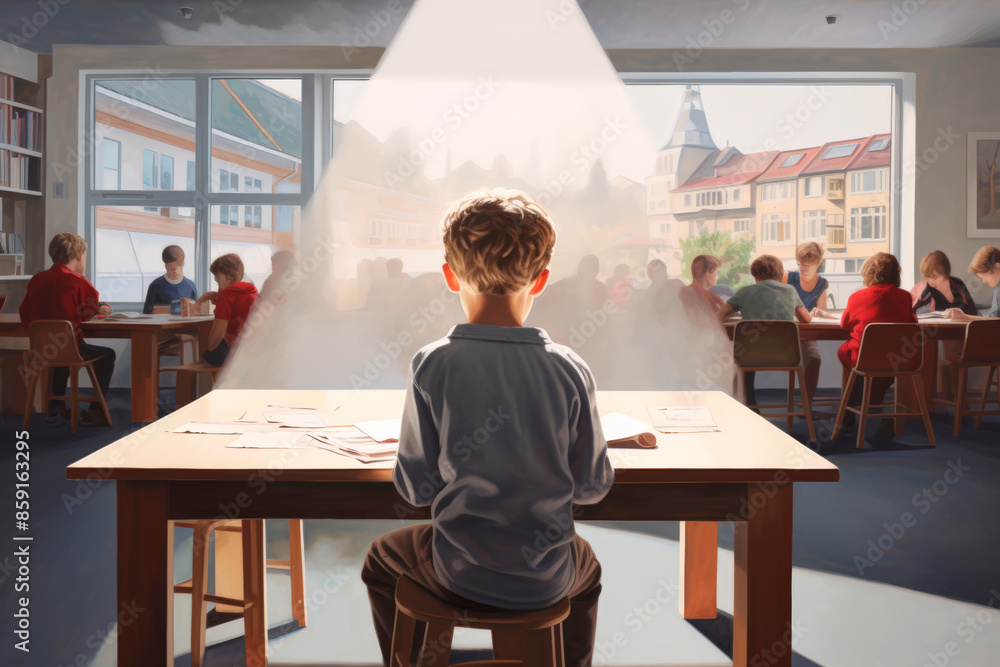 Schoolboy sitting at a table drawing in a kindergarten with other children in the background, illuminated by daylight, with empty space on the right side