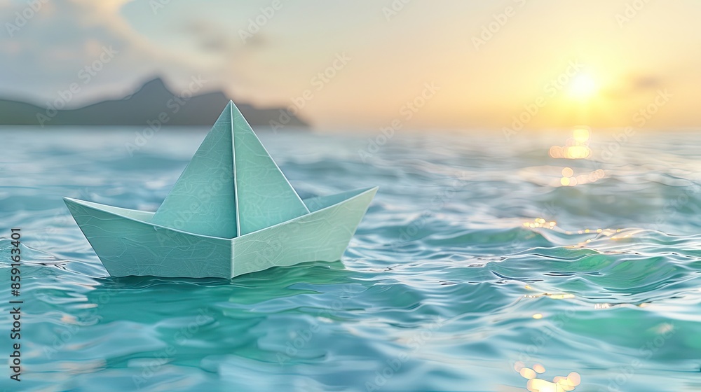 Paper ship floating in the sea, Beautiful waves ripple background. unusual travel concept, Paper boat sailing on blue water surface, Sun set, Copy Space, generative Paper ship floating in the sea, Beautiful waves ripple background. unusual travel concept, Paper boat sailing on blue water surface, Sun set, Copy Space, generative