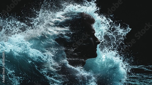 A man's profile combined with a roaring ocean wave, isolated against a solid black background.