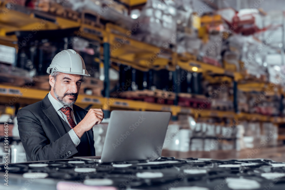 Businessman wearing a hardhat standing at goods warehouse and check for control loading from Cargo freight ship for import and export by report on laptop. commercial warehouse for trading concept
Businessman wearing a hardhat standing at goods warehouse and check for control loading from Cargo freight ship for import and export by report on laptop. commercial warehouse for trading concept