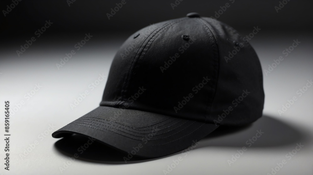 a black baseball cap on white table and plain background with dramatic lighting a black baseball cap on white table and plain background with dramatic lighting