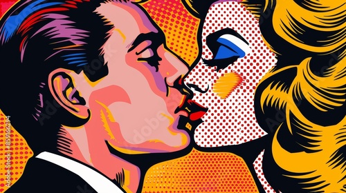 A colorful pop art style kiss between a man and a woman. Creative retro popart love concept design.