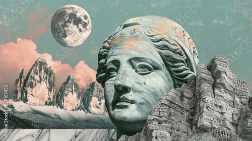 Contemporary popart concept collage with a antique statue head in a surreal creative style.