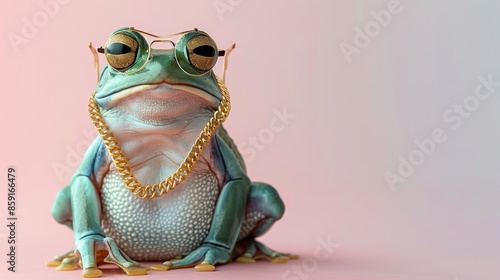 Retro Feng Shui fortune frog with glasses on and a golden chain and necklace on a pink pastel background. Creative animal concept picture.