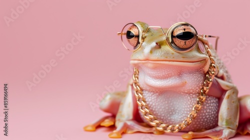 Retro Feng Shui fortune frog with glasses on and a golden chain and necklace on a pink pastel background. Creative animal concept picture.