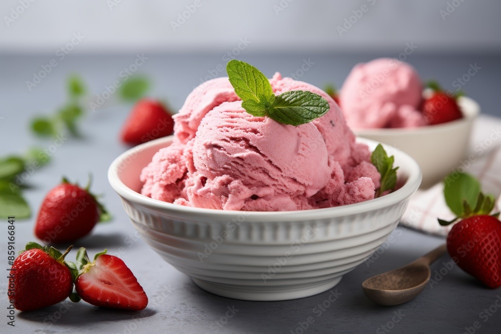 Close up of delectable strawberry ice cream dessert for a delightful and refreshing treat Close up of delectable strawberry ice cream dessert for a delightful and refreshing treat