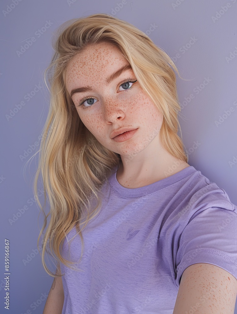 Young Woman With Blonde Hair and Freckles Wearing a Lavender T-Shirt Young Woman With Blonde Hair and Freckles Wearing a Lavender T-Shirt