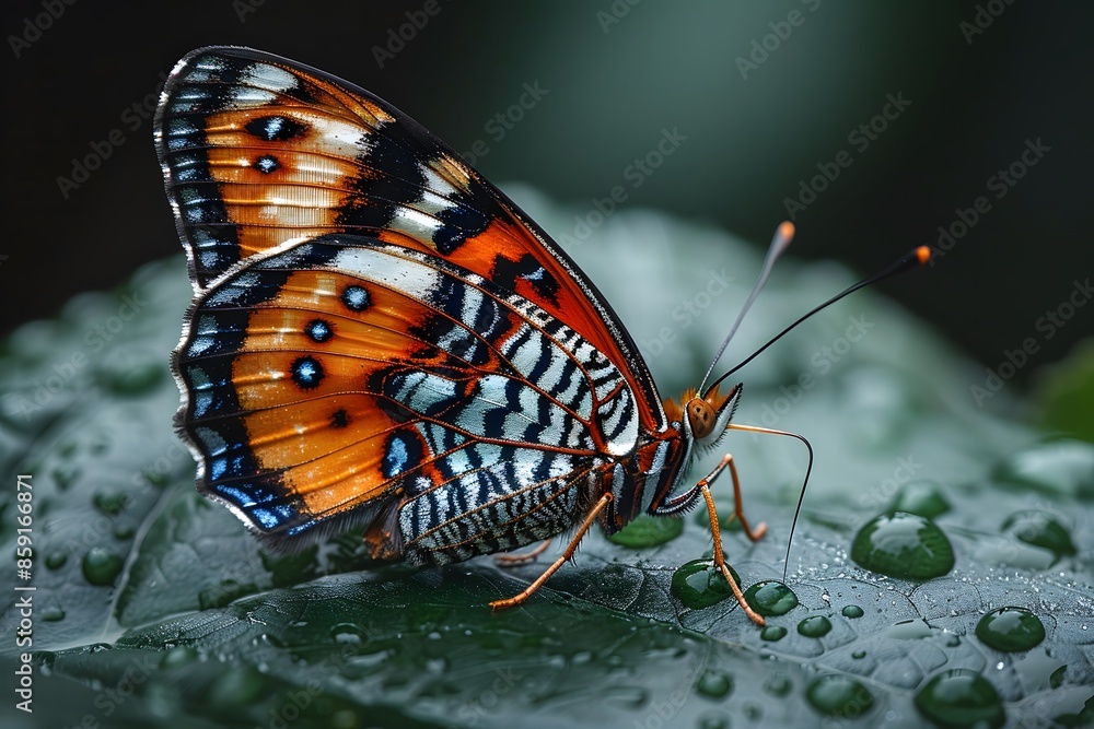 Fototapeta premium Vivid Butterfly Resting on a Dew-Kissed Leaf - Nature, Insect, Colorful Wings for Wall Art or Print Design