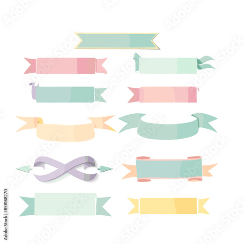 Hand drawn vector illustration of pastel color ribbons, banners and arrows for label decoration in cute simple style
