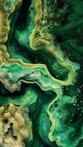 Abstract green swirly texture. Fantasy fractal background. 3D rendering. Nature, landscape, green lake, river. Shellfish, stone. © Наталя Дар