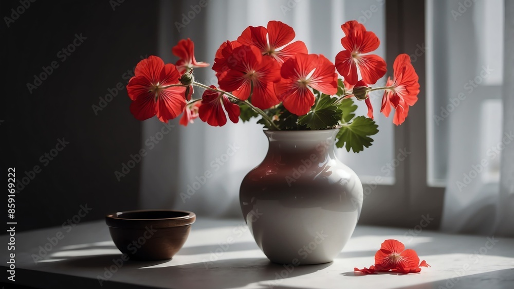 vase with geranium flowers on white table and plain background with dramatic lighting vase with geranium flowers on white table and plain background with dramatic lighting