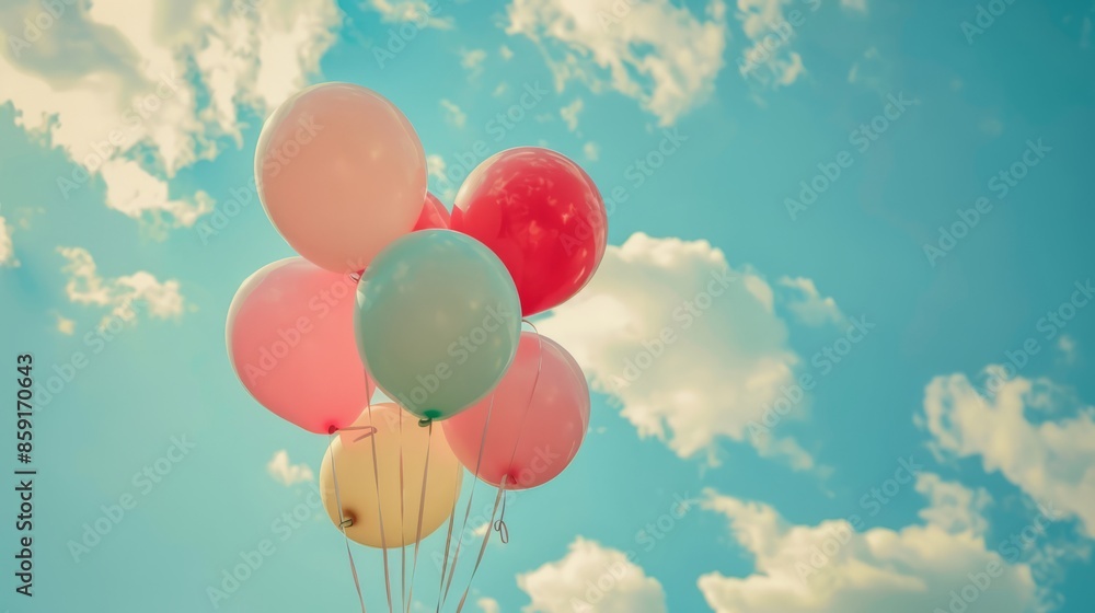 Colorful balloons flying in the sky with retro vintage filter effect for happy birthday celebrations, summer parties, and wedding honeymoon events - ideal for vintage backgrounds and festive occasions Colorful balloons flying in the sky with retro vintage filter effect for happy birthday celebrations, summer parties, and wedding honeymoon events - ideal for vintage backgrounds and festive occasions