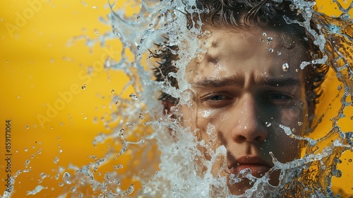 A young mana??s face fused with ocean waves on a yellow background. photo