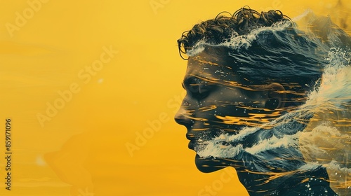 A young mana??s face fused with ocean waves on a yellow background.