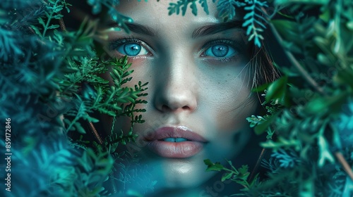 A young womana??s face blended with a lush forest on a blue background.