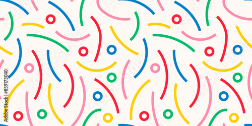 Fun colorful line doodle seamless pattern. Creative minimalist style art background for children or trendy design with basic shapes. Simple party confetti texture, childish scribble shape backdrop.
