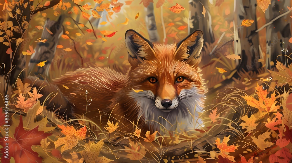 Fototapeta premium Cute Red Fox, Vulpes vulpes, fall forest. Beautiful animal in the nature habitat. Orange fox, detail portrait, Czech. Wildlife scene from the wild nature. Red fox running in orange autumn leaves.