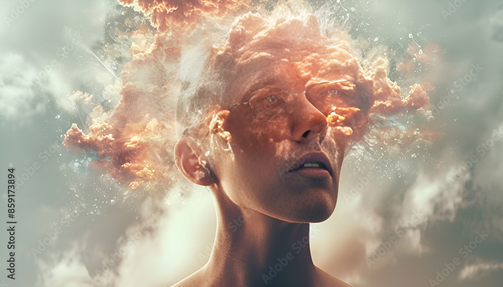 Human head burning in flames showing burnout syndrome or mental illness. Creative concept of overheating head Human head burning in flames showing burnout syndrome or mental illness. Creative concept of overheating head