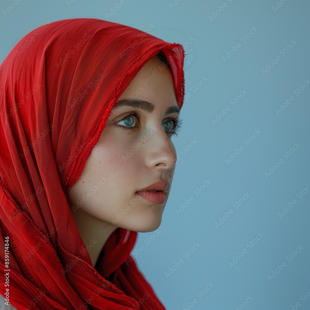 Woman Wearing Red Hijab Looking Off to the Side Woman Wearing Red Hijab Looking Off to the Side